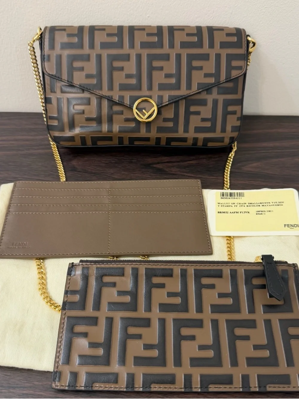 Fendi FF Zucca Wallet on Chain Brown Bicolor Gold Chain WOC 8BS032 - Picture 2 of 14